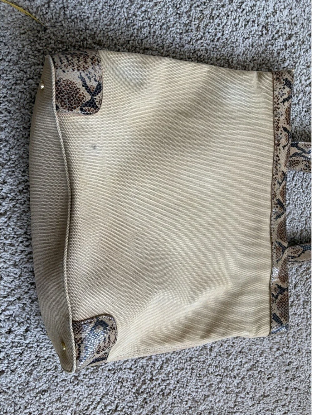 Tory Burch Beige Canvas Tote Snake Skin Details Shoulder Bag Purse Large Logo